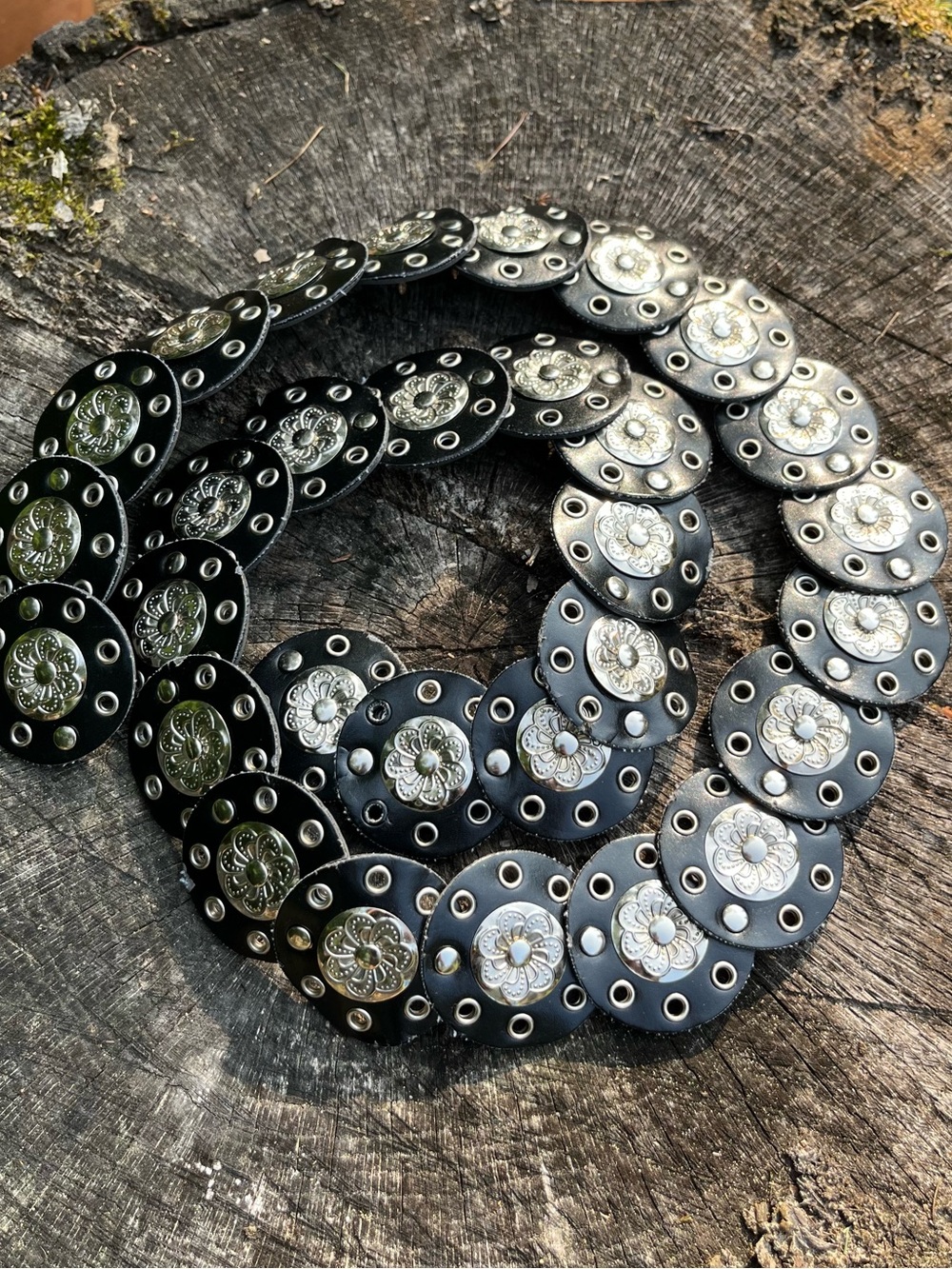 Faux Leather Floral Medallion Silver Toned Belt Black OSFM Festival Boho